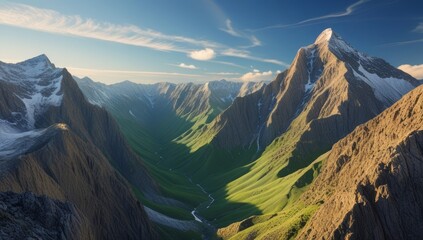 Majestic mountain range with snow-capped peaks and lush green valleys under a clear blue sky
