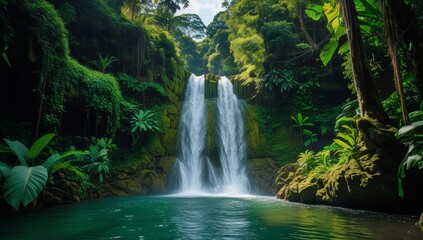 Spectacular tropical waterfall cascade in lush green rainforest setting