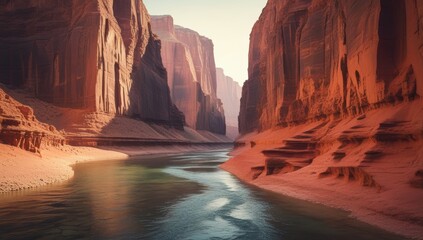 Majestic Canyon Walls Reflecting in the Still Waters of the River Below