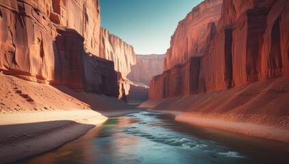 Majestic canyon with calm water reflecting towering rock formations scenery
