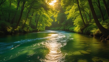 Enchanting River Flowing Through Lush Green Forest with Sunlit Canopy