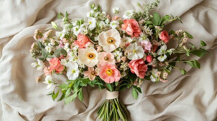 A delicate bridal bouquet of peach roses white anemones and petite blossoms exuding romantic elegance on ivory silk