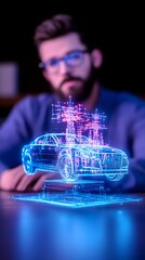 A man with glasses sits before a translucent, wireframe car model hovering above a glowing surface, appearing as a digital design or prototype