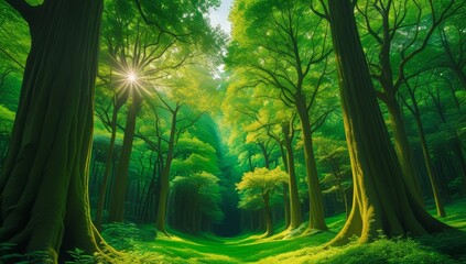 Lush green forest canopy with sunlight filtering through the trees illuminating the path