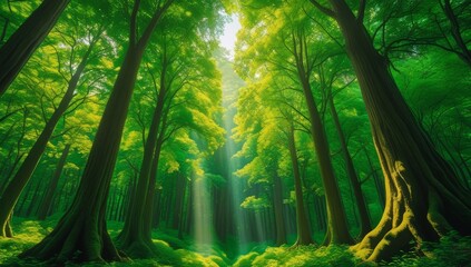 Enchanting forest with vibrant green foliage and sunlight piercing through trees