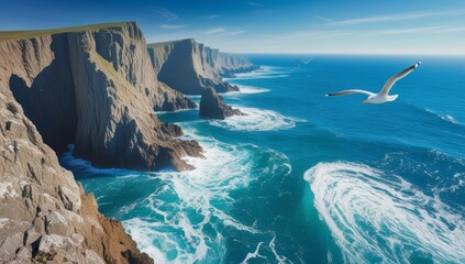 Breathtaking coastal cliffs and ocean waves with seagulls gliding above the water