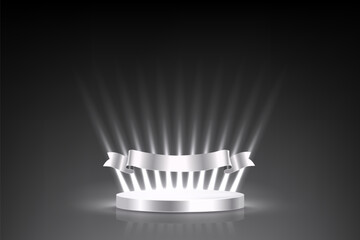 Silver award podium. Anniversary empty stage with glowing light rays and ribbon on black background. Template for celebration birthday or jubilee, winner ceremony. Vector illustration.