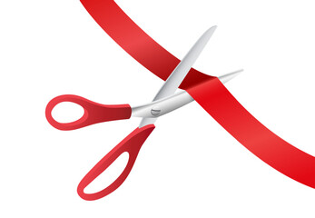 Grand opening ceremony. Red scissors cutting ribbon isolated on white background. Luxury event announcement, stage celebration, or business launch. Realistic vector illustration.