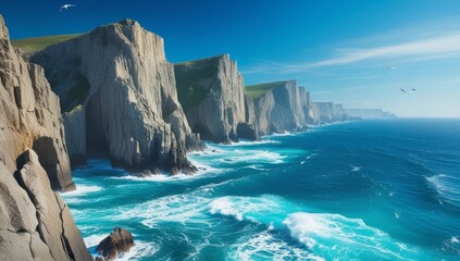 Scenic ocean view of jagged cliffs meeting turquoise waters under a blue sky