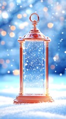 A rose-gold lantern filled with falling snow sits in a snowy winter scene, illuminated by soft, out-of-focus lights