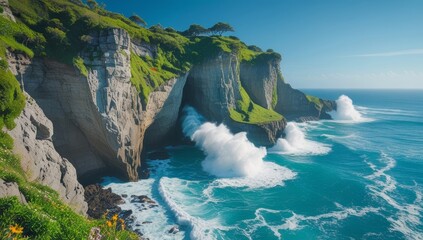 Dramatic cliffs meet the turquoise sea a stunning coastal landscape beauty