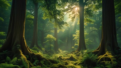 Sunlit serenity a captivating scene of majestic trees in the enchanting forest
