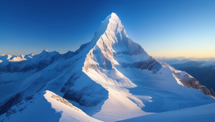 Majestic snow covered mountain peaks under a clear blue sky landscape view