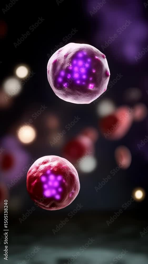 Poster abstract cellular view with blurred red and purple cell structures and floating particles.