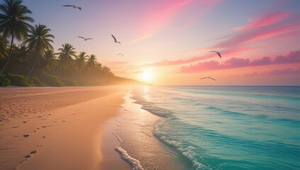 Tropical paradise beach sunset with palm trees and birds in silhouette