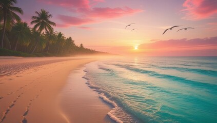 Scenic tropical beach paradise at sunset featuring palm trees ocean and birds