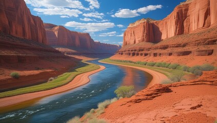 Majestic Canyon Landscape with Flowing River and Dramatic Red Rock Formations