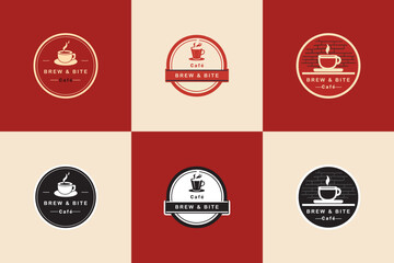Fototapeta premium Assortment of Brew and Bite Cafe logo designs featuring diverse layouts, styles, and themes, ideal for branding and marketing concepts.