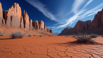 Majestic Desert Landscape with Towering Cliffs and Dramatic Sky Presentation