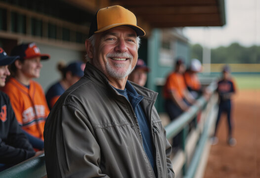 Senior softball catcher smiling beside the dugout during a game - Powered by Adobe