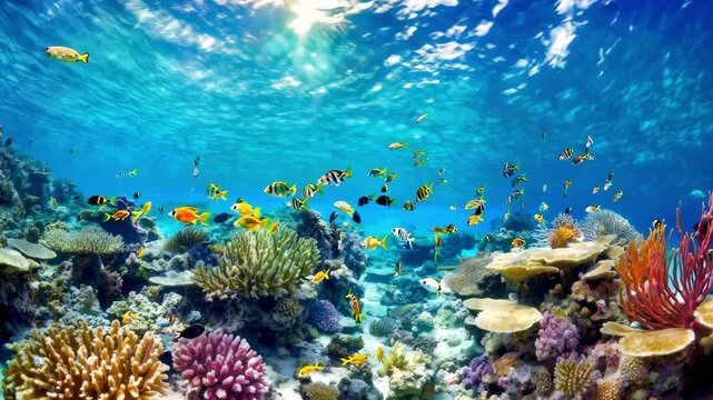 Underwater world. Coral reef and fish in the sea and ocean. Beautiful and bright background, screensaver for your phone or computer