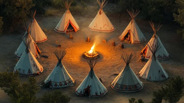 tipi tents in a circle with fireflame in the center 