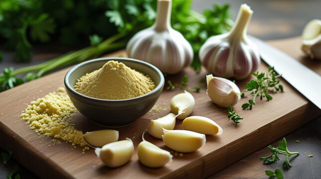 Garlic Powder and Fresh Garlic on a Cutting Board - garlic powder in a small bowl next to peeled garlic cloves and a bulb of garlic