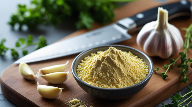 Garlic Powder and Fresh Garlic on a Cutting Board - garlic powder in a small bowl next to peeled garlic cloves and a bulb of garlic