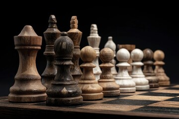 Chess pieces on a board, illuminated by light from behind, on a black background, stock photo.