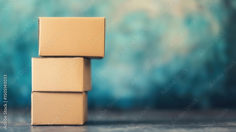 Poster cardboard boxes are neatly stacked on a surface, captured in soft focus with a calming blue backdrop