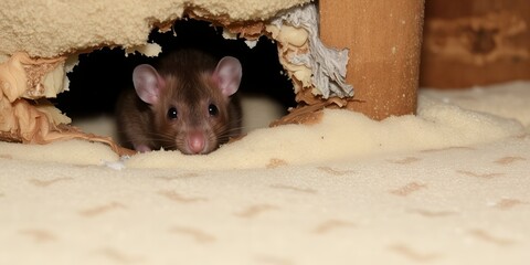 A Brown Rat Peeking from a Hole in Damaged Furniture Upholstery
