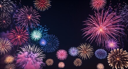 Vibrant Fireworks Display in Red, Blue, Purple and Gold Bursting Against a Dark Night Sky