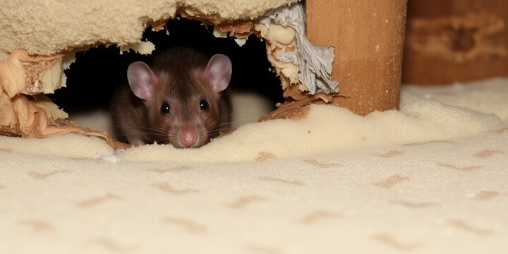 A Brown Rat Peeking from a Hole in Damaged Furniture Upholstery