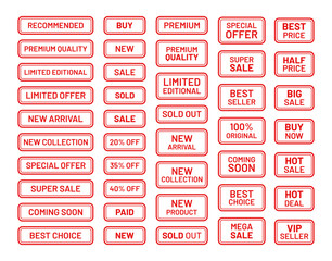 Marketing retail badge collection. Sale stamp imprint. Red sold out emblem in frame. Set rectangle best price stickers. New arrival label in border. Text box with buy tags. Vector illustration