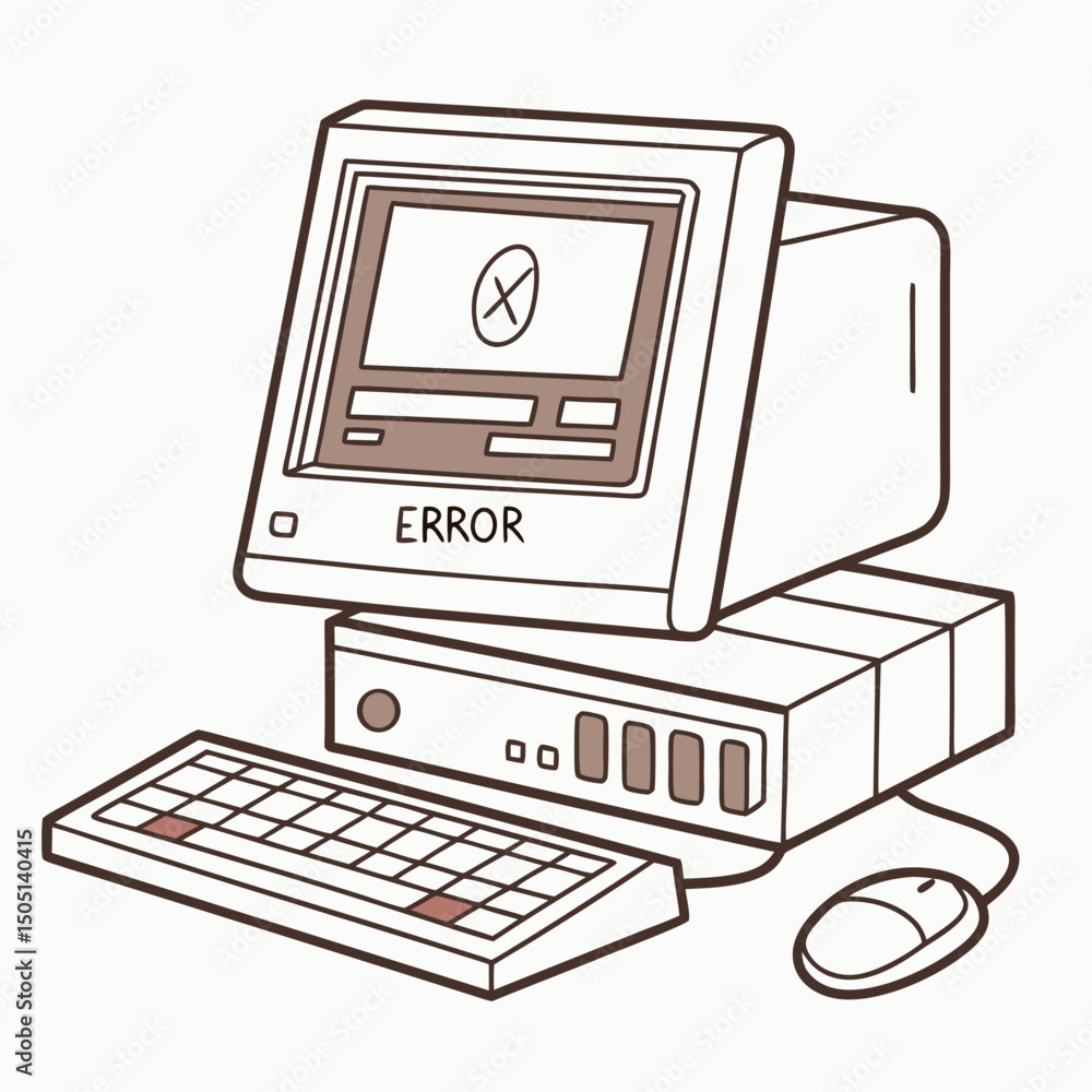 Poster vector illustration of desktop computer showing system error, isolated on white background