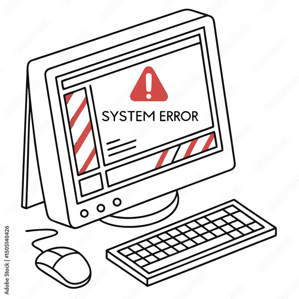 Poster vector illustration of desktop computer showing system error, isolated on white background
