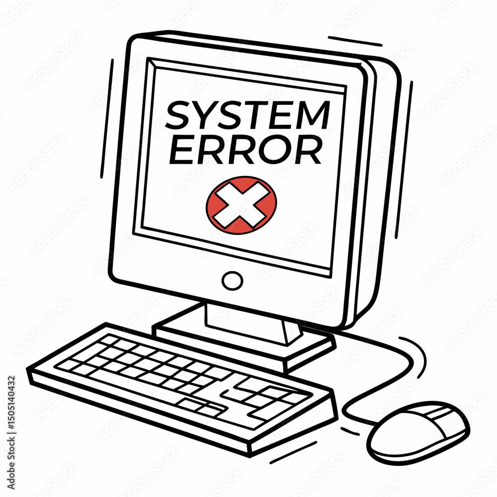 Poster vector illustration of desktop computer showing system error, isolated on white background
