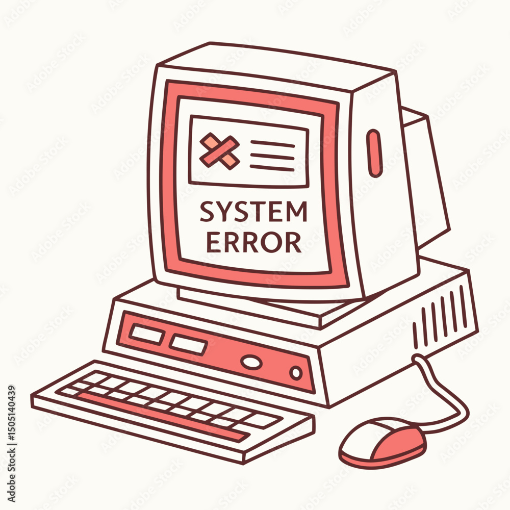 Poster vector illustration of desktop computer showing system error, isolated on white background