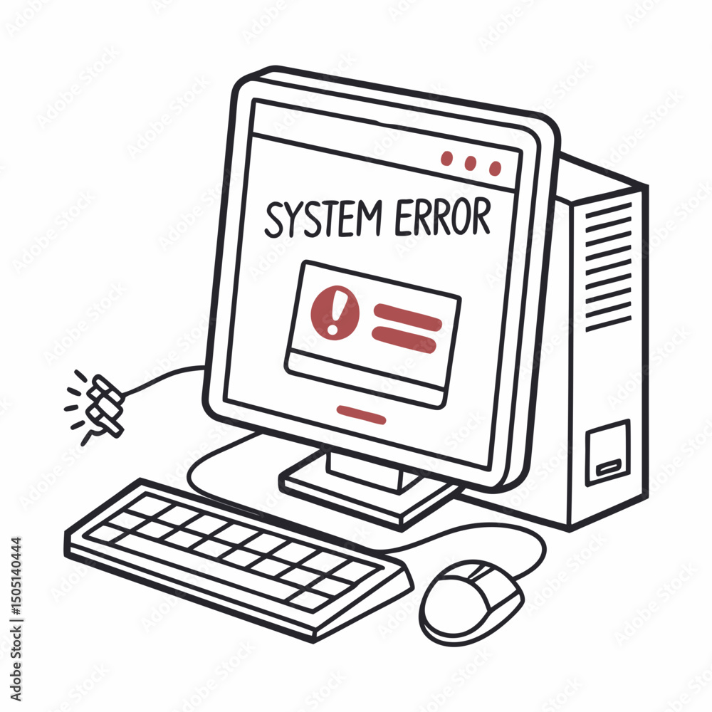 Poster vector illustration of desktop computer showing system error, isolated on white background