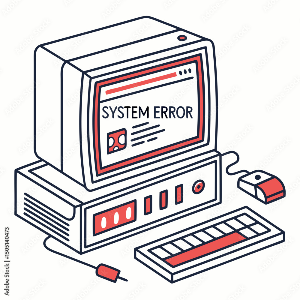 Poster vector illustration of desktop computer showing system error, isolated on white background