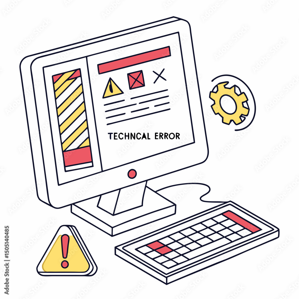 Poster vector illustration of desktop computer showing system error, isolated on white background