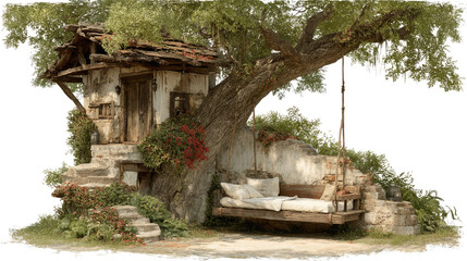 Fototapeta premium Treehouse Oasis: A whimsical treehouse blends seamlessly with nature, offering a serene retreat with a rustic swing and cozy ambiance, invoking a sense of peace and escape.