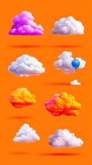 Eight stylized 3D cloud illustrations in various colors and shapes against an orange background; some with shadows and one featuring a small hot air balloon
