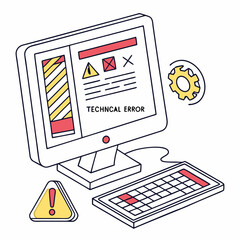 Vector illustration of desktop computer showing system error, isolated on white background