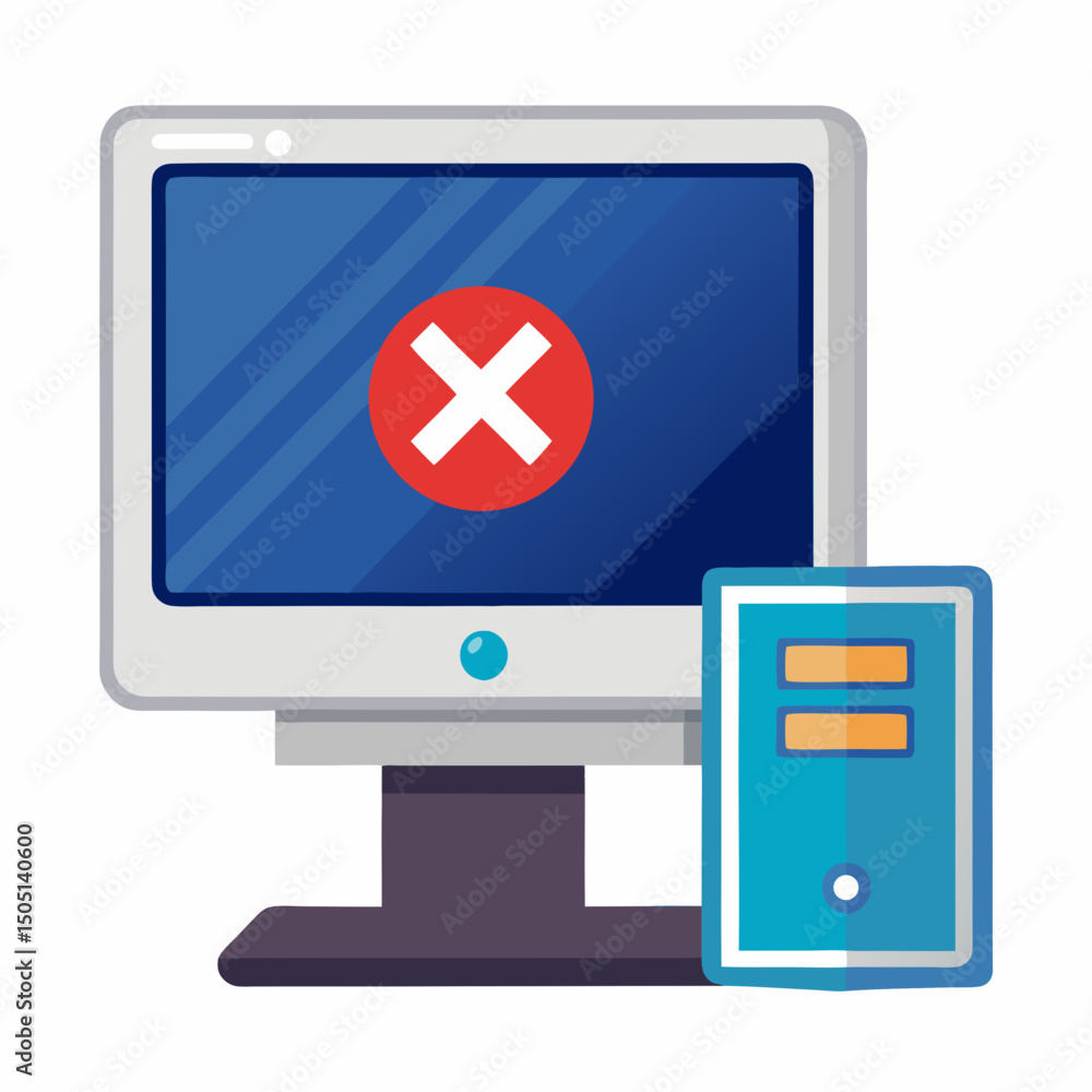 Poster vector illustration of desktop computer showing system error, isolated on white background