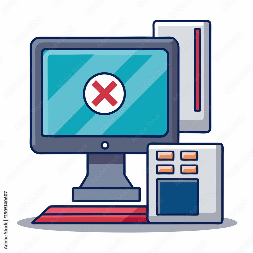 Poster vector illustration of desktop computer showing system error, isolated on white background