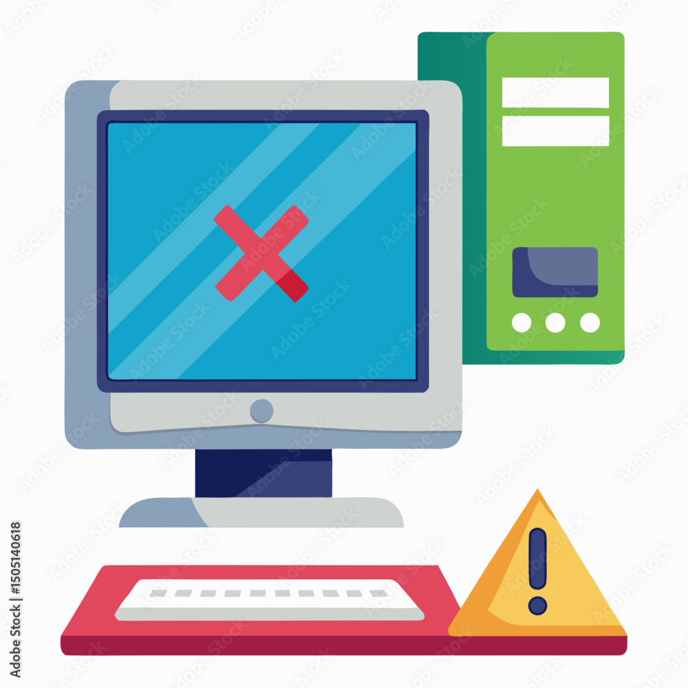 Poster vector illustration of desktop computer showing system error, isolated on white background
