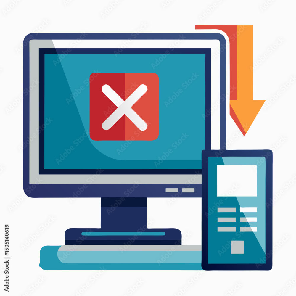 Poster vector illustration of desktop computer showing system error, isolated on white background