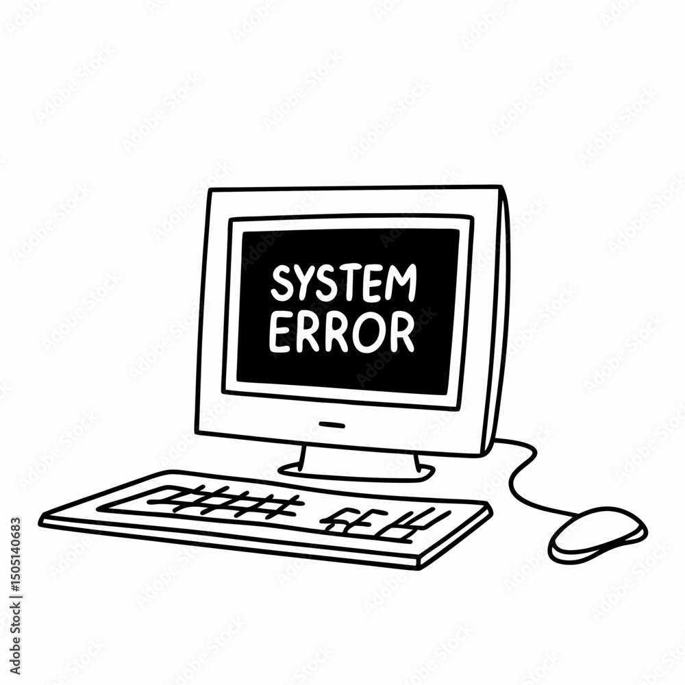 Poster vector illustration of desktop computer showing system error, isolated on white background