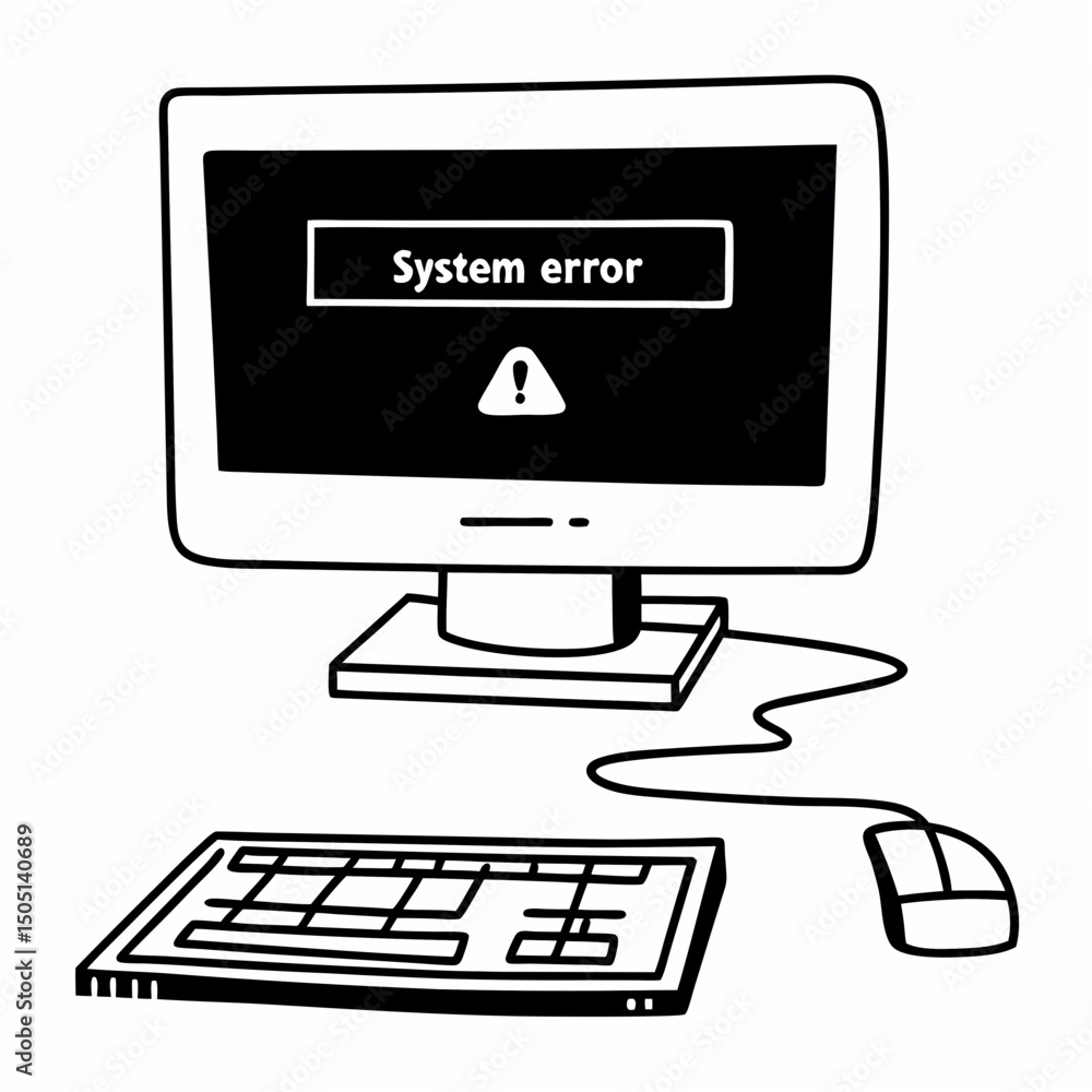 Poster vector illustration of desktop computer showing system error, isolated on white background
